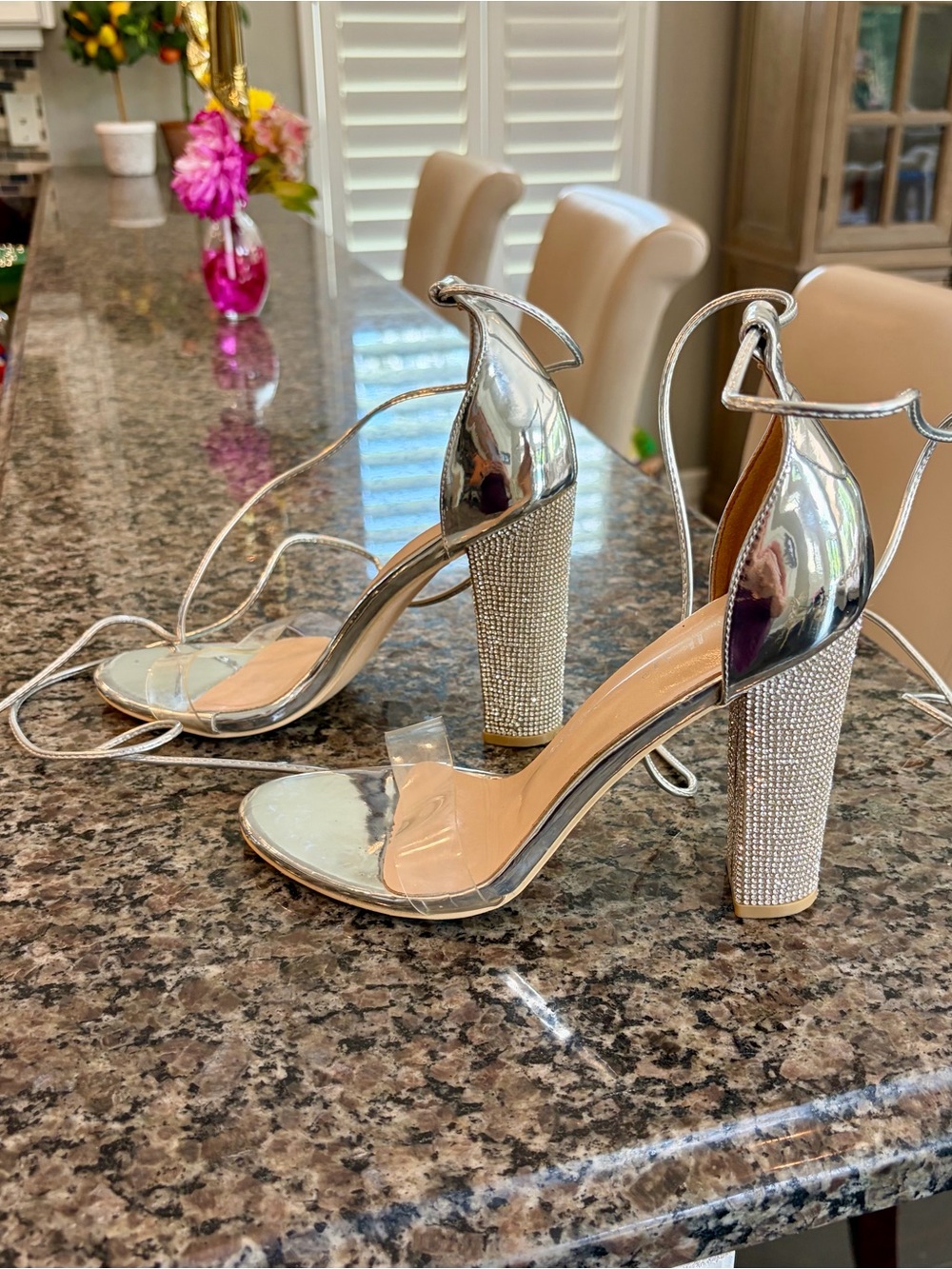Silver Block Heel Ankle-Tie Sandals with Rhinestone Heel